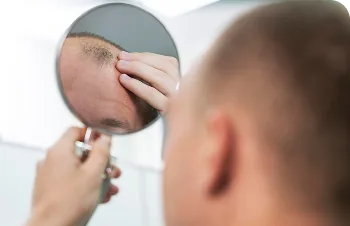 Androgenetic alopecia – man checking his crown in a mirror