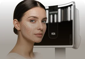 Woman in front of a VISIA device with a digital face map – digital skin analysis