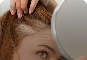 Woman checking her scalp in a mirror – hair loss treatment