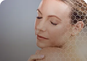 Woman with closed eyes and a hexagonal graphic over the skin – PRP plasma therapy