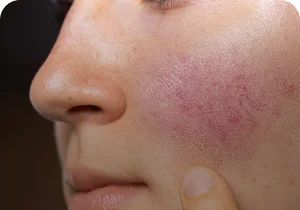 Close-up of a reddened cheek – rosacea and facial flushing