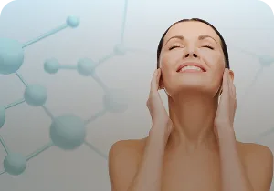 Smiling woman against a molecule graphic – skin boosters