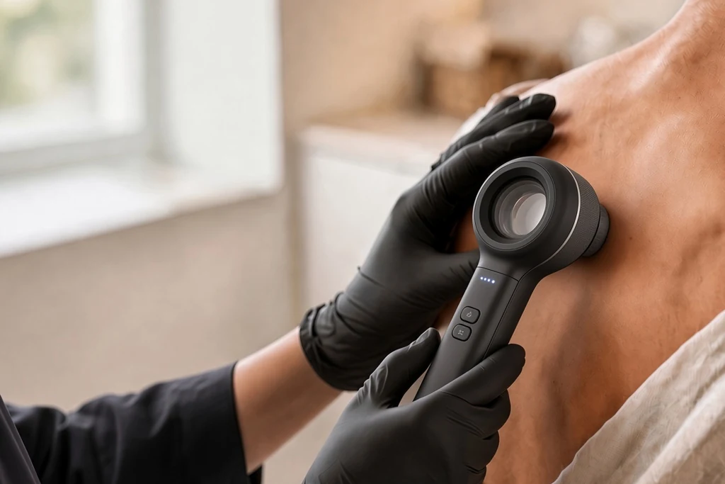 Dermatologist examining a mole with a dermatoscope